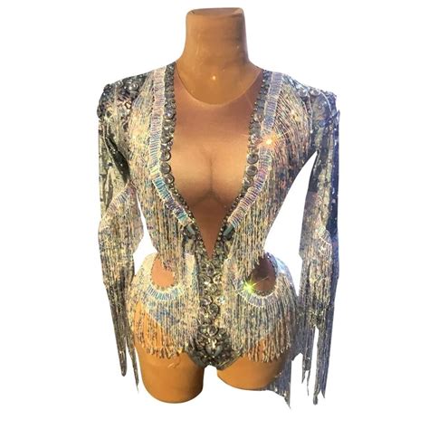 Sparkly Rhinestones Sequin Tassels Bodysuit Stretch Long Sleeve Leotard Nightclub Dj Singer Ds