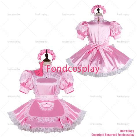 Fondcosplay Adult Sexy Cross Dressing Sissy Maid Short Baby Pink Satin Dress Lockable Uniform