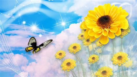Digital Wallpaper Butterfly And Sunflowers Wallpaper Download 5120x2880