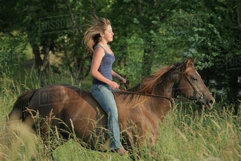 Girl Riding A Horse Bareback Troutdale Oregon United States Of
