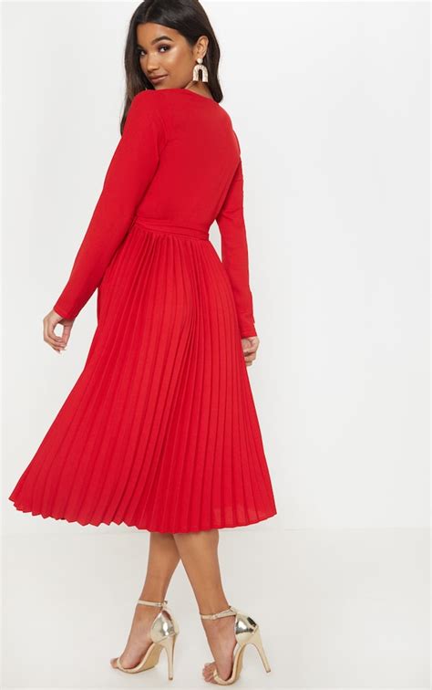 Red Long Sleeve Pleated Midi Dress Prettylittlething Ksa