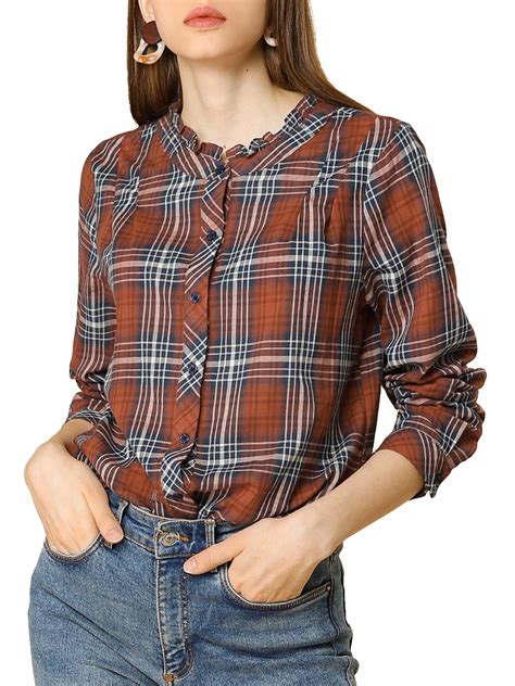 women s fall blouse long sleeve ruffle neck plaid shirt