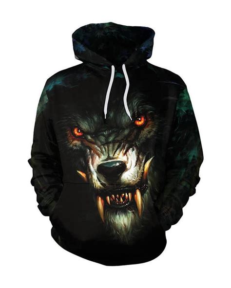Atrocious Wolf Head Print Couples Black Pullover Hoodie With Pocket