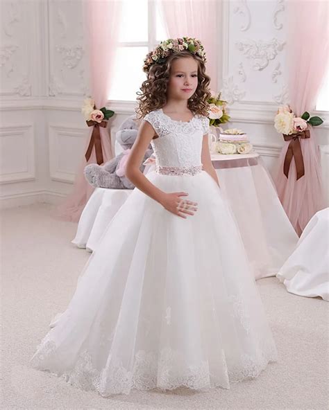 2017 Hot White Flower Girl Dresses For Weddings Lovely Lace Bow Girls Pageant Dresses First