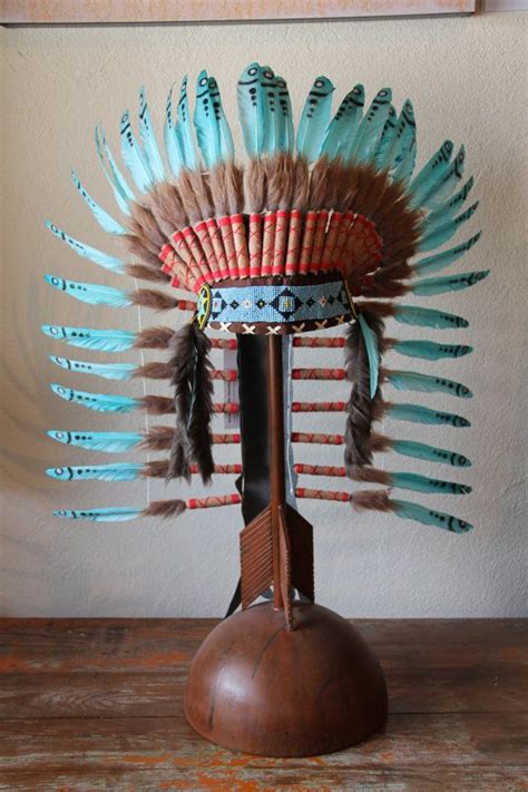 Turquoise Beaded Feather Headdress And Stand On Etsy 37500 Feather