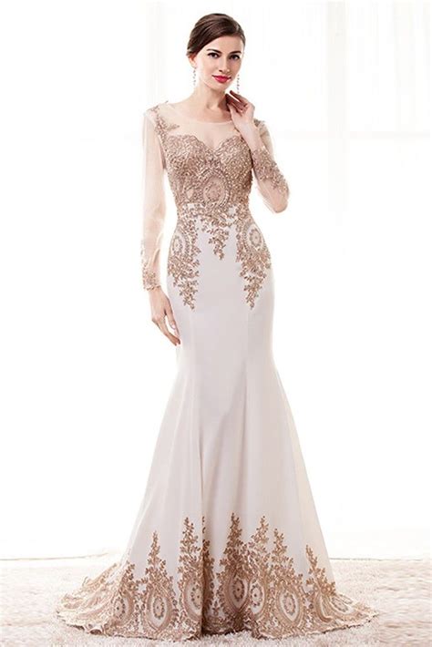 13499 Special Long Sleeved Formal Evening Dress With Gold Applique