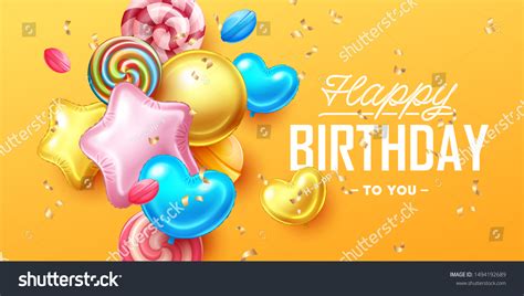 vektor stok happy birthday background colorful balloons sweets tanpa royalti 1494192689