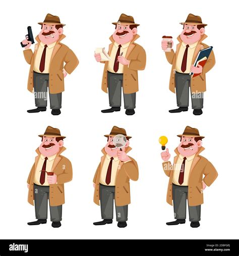 Carácter Detective Vector Stock Conjunto De Seis Poses Personaje De