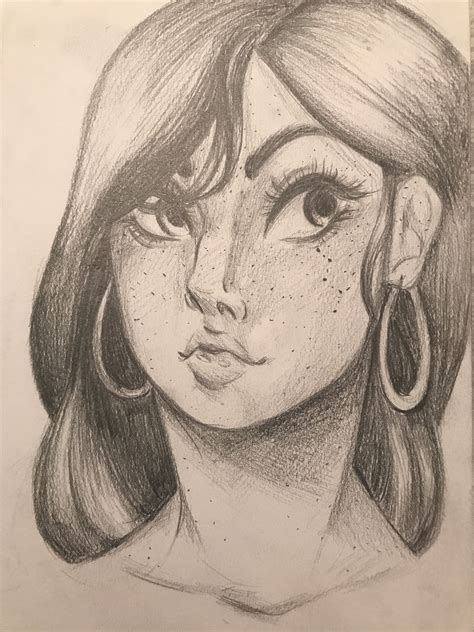 A Pencil Drawing Of A Womans Face With Long Hair And Big Hoop Earrings