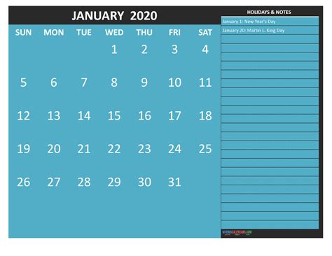 January 2020 Calendar With Holidays Word Pdf