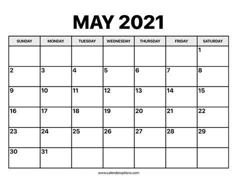 May Calendar 2021 Calendar Options