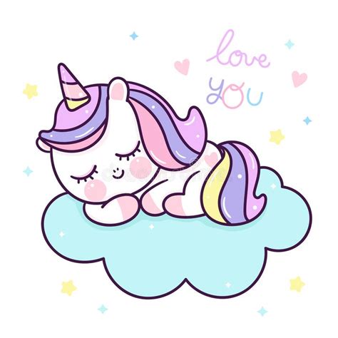 Cute Unicorn Sleep Fairy Cartoon Pony Child Vector Flat Style Stock