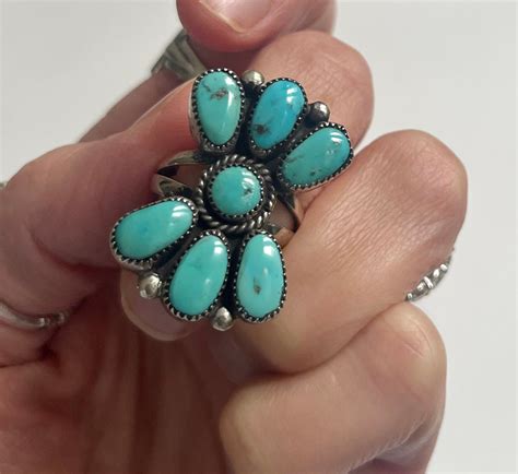 Zuni Turquoise Cluster Ring By Julie O Lahi Signed Vintage Native