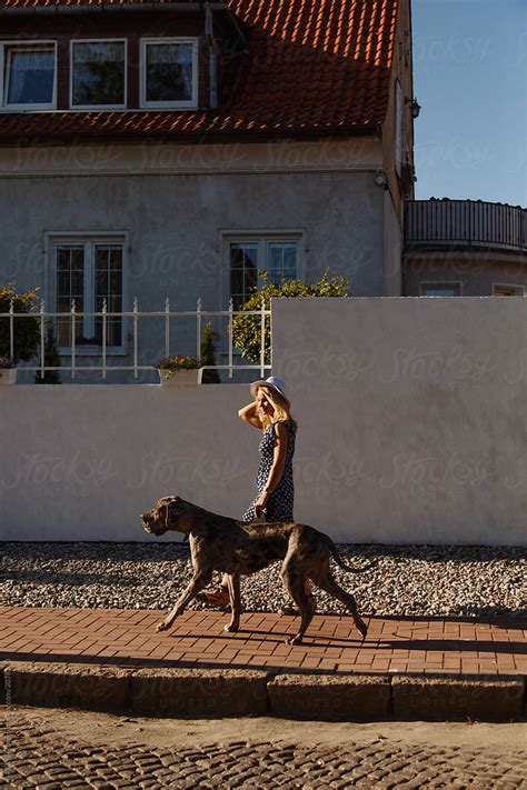 Woman Walking With Big Dog In Sunny Day Del Colaborador De Stocksy
