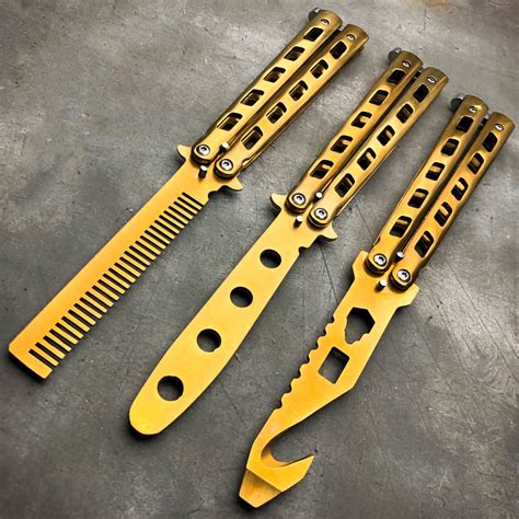 Gold Butterfly Balisong Trainer Knife Training Comb Blade Stainless