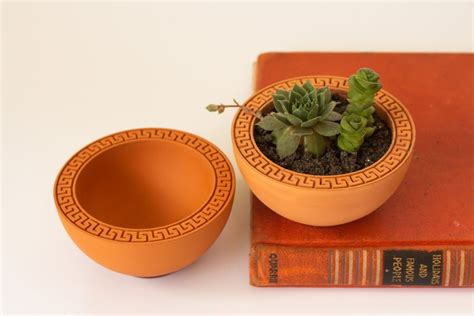 Set Of 2 Handmade Terracotta Planters With Greek Key Pattern For
