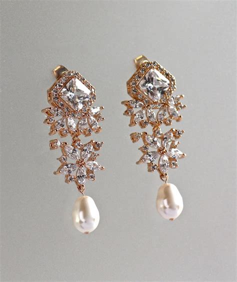 Crystal Chandelier Earrings Rose Gold Bridal Earrings Gold Pearl Drop