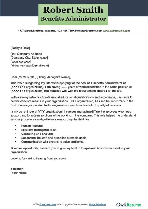 Benefits Administrator Cover Letter Examples Qwikresume