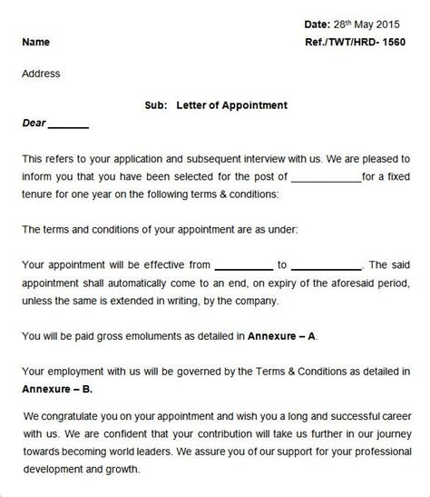 This letter is written to request a recommendation certificate or certificate of employment to serve as verification from the institution to potential employers. 23+ Appointment Letter Templates - Free Sample, Example ...