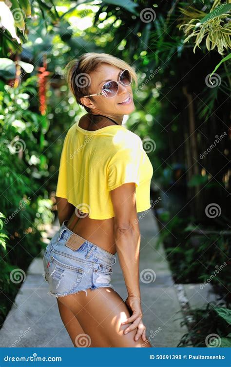 Beautiful Blonde Woman Posing Outdoor Tan Slim Girl Fash Stock Photo