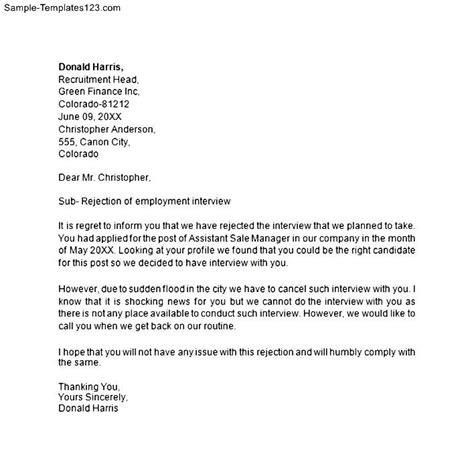Interview Rejection Letter For Internal Candidate Sample Templates