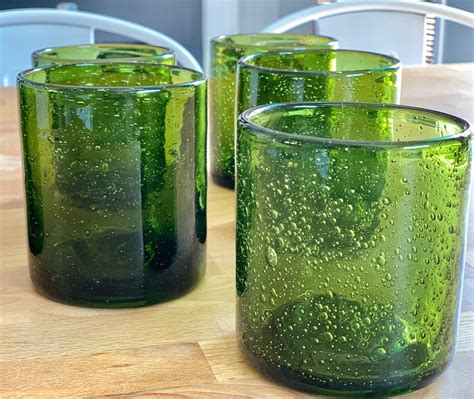 Glasses Vintage Set Of 6 Dark Green Bubble Glass Drinking Etsy