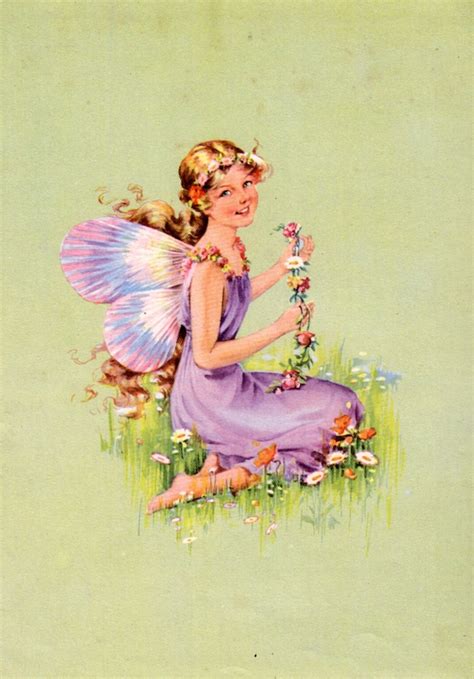 Antique Print Fairy With Flowers 1940s Vintage Illustration