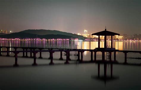 Night View Of Chinese Pavillion And Chinese Bridge With Light