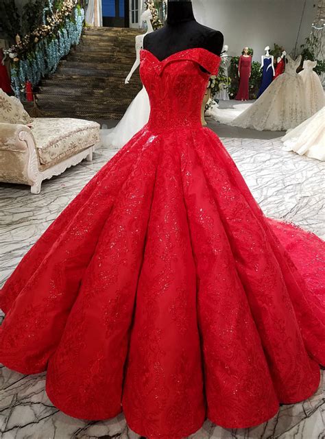 Red Ball Gown Off The Shoulder Lace Sequins Train Wedding Dress