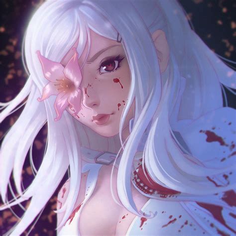 Dress Long Hair Beautiful Girl Anime Blood White Flower