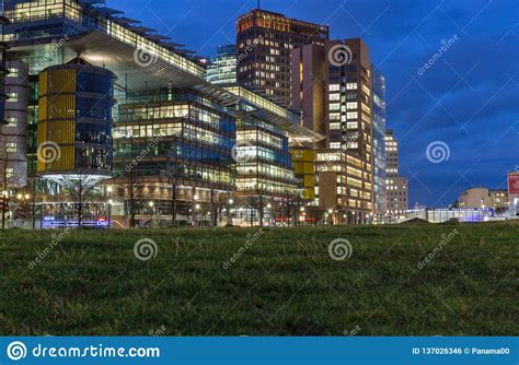 Modern Futuristic Architecture At Night In Berlin Germany Editorial