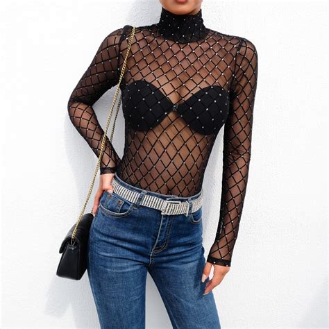 Sexy Bodysuits Women Black Fishnet With Rhinestone Long Sleeve Hollow