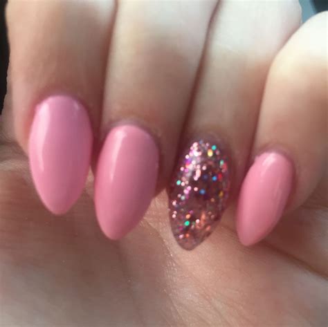 Pink Almond Nails With Pink Glitter Accent Nail Acrylic Nails With Gel
