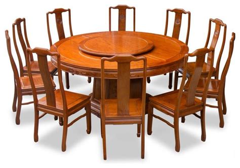 Asian Brown Polished Rosewood Round Dining Table With 10 Chairs Asian