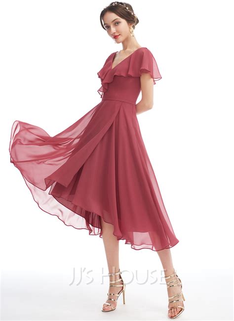 A Line V Neck Asymmetrical Chiffon Bridesmaid Dress With Ruffle