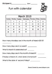 calendar worksheets activity sheets  kids