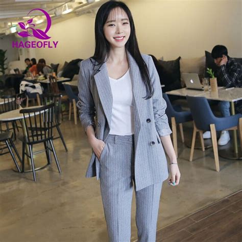 New Korean Women S Suits Striped Black White Gray Blazer With Nine Pants Female Double Breasted