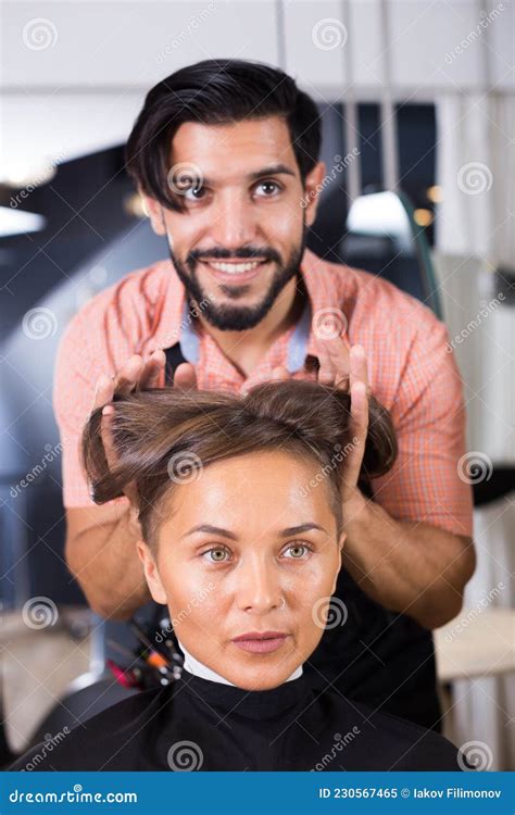 man hairdresser making hairstyle for woman stock image image of sexual person 230567465