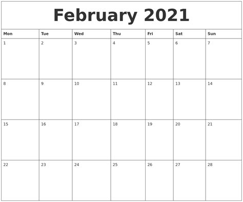 Printable 2021 Calendar February Month Goimages Hogwash