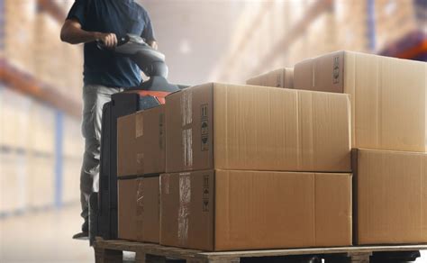 Shipment Boxes Cargo Warehouse Warehouse Worker Driving Electric Forklift Pallet Jack