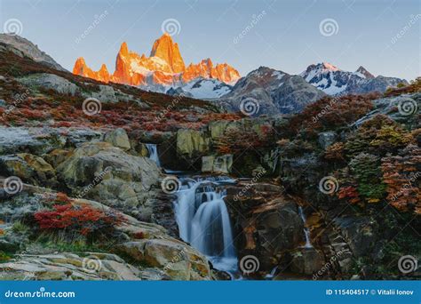 View Of Mount Fitz Roy And The Waterfall In The Los Glaciares National