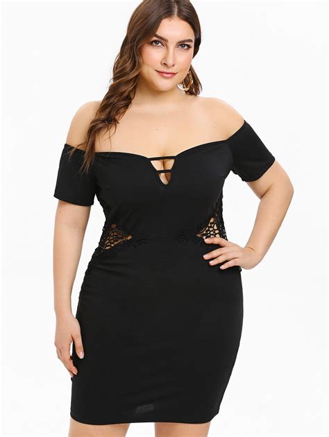 Wipalo Plus Size Applique Hollow Out Waist Off Shoulder Deep V Neck Dress Sexy Solid Bodycon