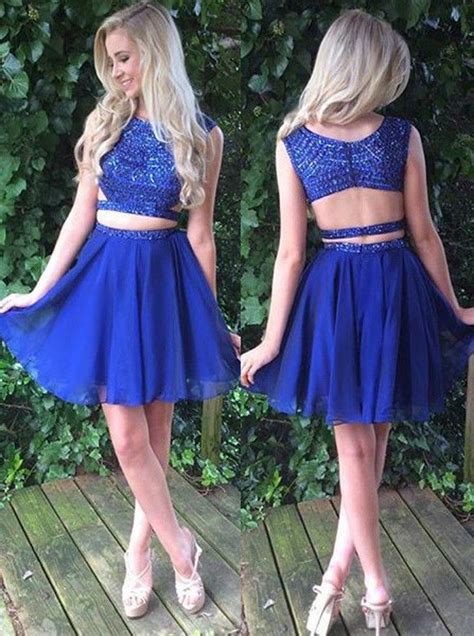 Royal Blue Two Piece Short Homecoming Dresses Beaded Prom Gowns From
