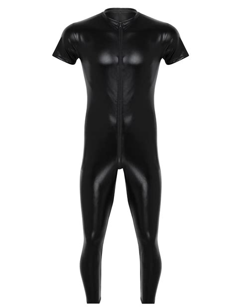 yizyif sexy men s wet look leather bodysuit leotard zipper zentai catsuit costume black large on