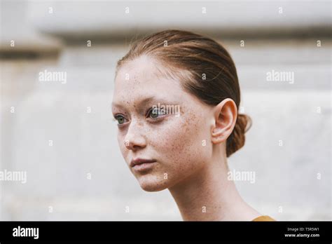 paris france march 02 2019 model portrait after a fashion show during paris fashion week