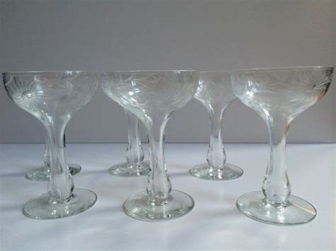 reserved listing vintage hollow stem etched glass champagne coupes set of 12 clear glass