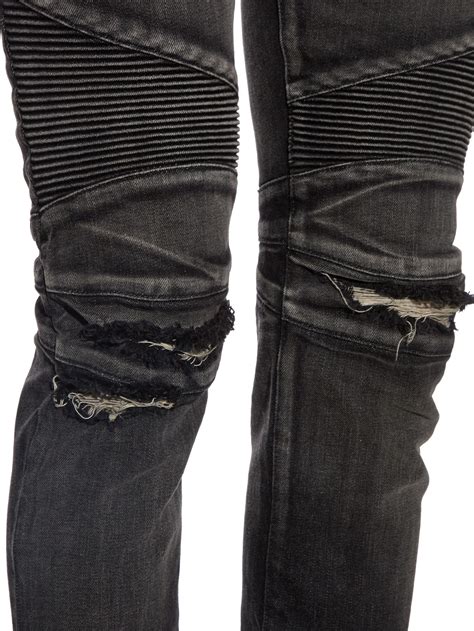 Balmain Biker Slim Leg Distressed Jeans In Grey Gray For Men Lyst