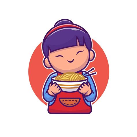 Cute Asian Girl Holding Noodle Cartoon Vector Icon Illustration People Food Icon Concept