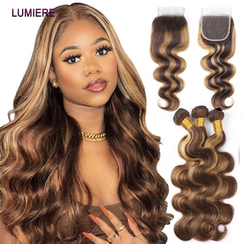 Body Wave Highlight Colored Human Hair Bundle With Closure P4 30 Ombre Brown Color Remy