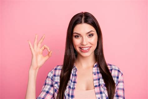 close up photo amazing her she lady hold arm hand fingers okey symbol brown eyes empty space